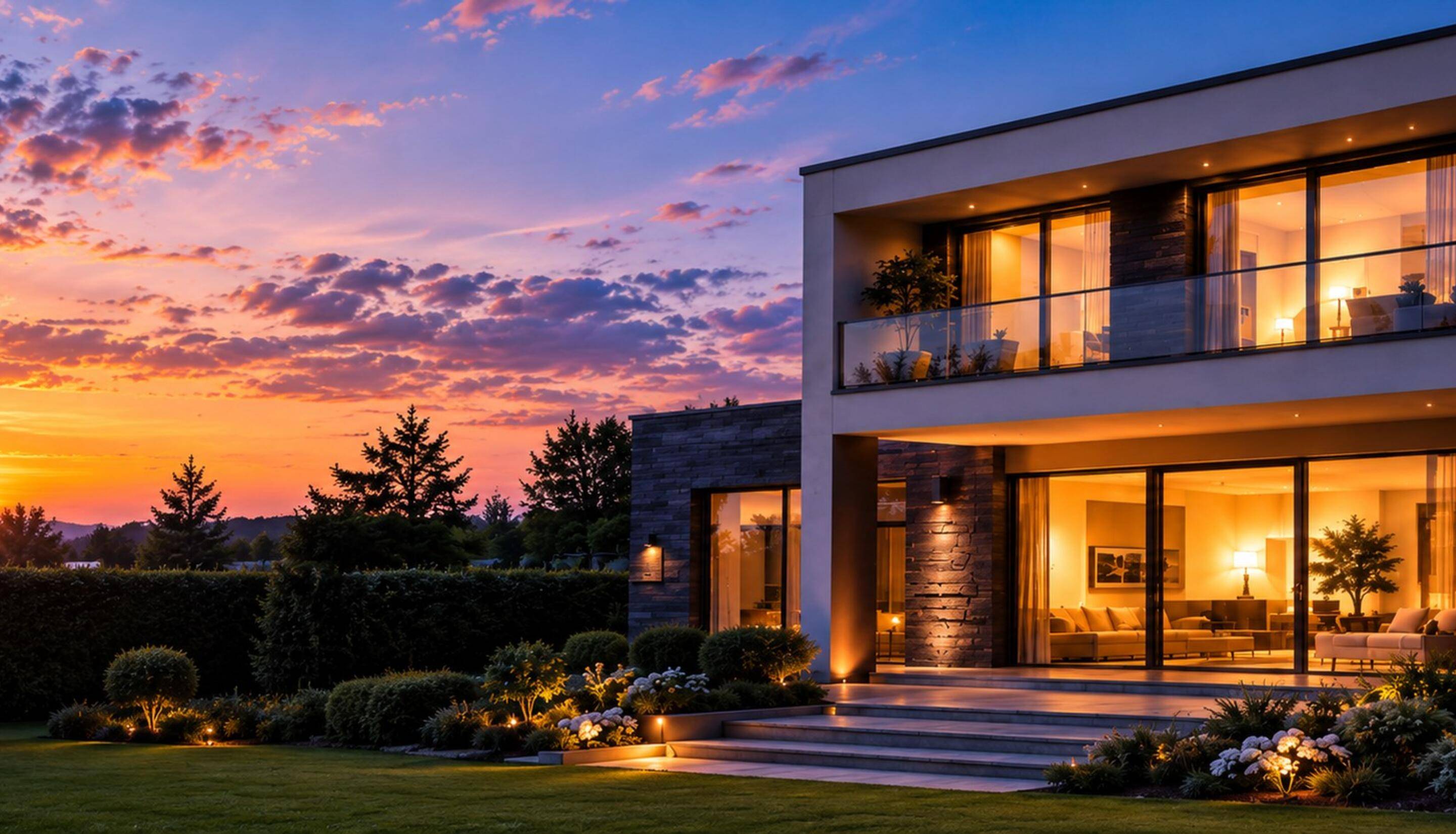 Modernes Einfamilienhaus bei Sonnenuntergang mit beleuchtetem Wohnbereich und Garten